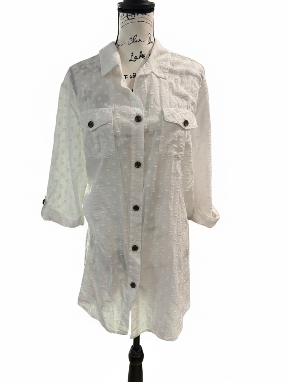 Dotti Swiss Dot Button Down Shirt Dress/ coverup white Size  Large